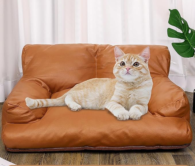 Pet Sofa Bed, Vintage Cat Dog Faux Leather Sofa with Non-Slip Bottom for Dogs Cats (Brown, Large)