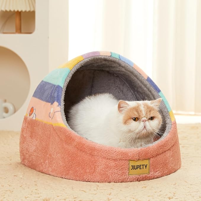 Jiupety Cute Cat Beds for Indoor Cats, Cat Cave Bed for Kittens, Hideaway Cat House & Tent with Anti-Slip Bottom, Washable Removable Cushion, M(16"x16"x13"), Rainbow