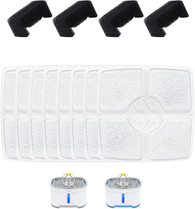 Wonder Creature Cat Water Fountain Filter, 8 Replacement Filters & 4 Replacement Pre-Filter Sponges Pack for 2.5L Cubic Pet Fountain Stainless Steel Top, Elliptical Automatic Cat Water Dispenser
