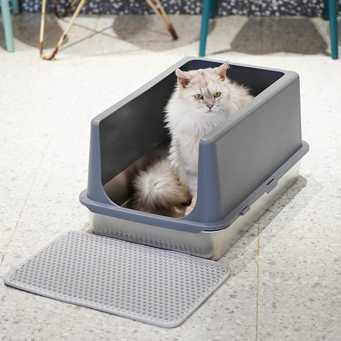 Stainless Steel cat Litter Box, Covered Metal Litter Box, cat Litter Pans with high Sides, Kitty Litter Boxes for Indoor Cats (Non Sticky, Easy to Clean, Anti-Urine Leakage) 17.5" L x 13.5" W x 4" H