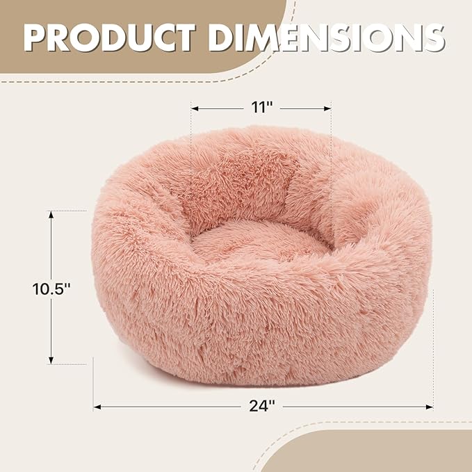 Athena Collection Washable Small Dog Bed, Cat Bed for Indoor Cats, 24 Inches Fluffy Faux Fur Round Pet Bed Calming Cozy Soft Warming Donut for Small Dog Puppy Kitten, Pink