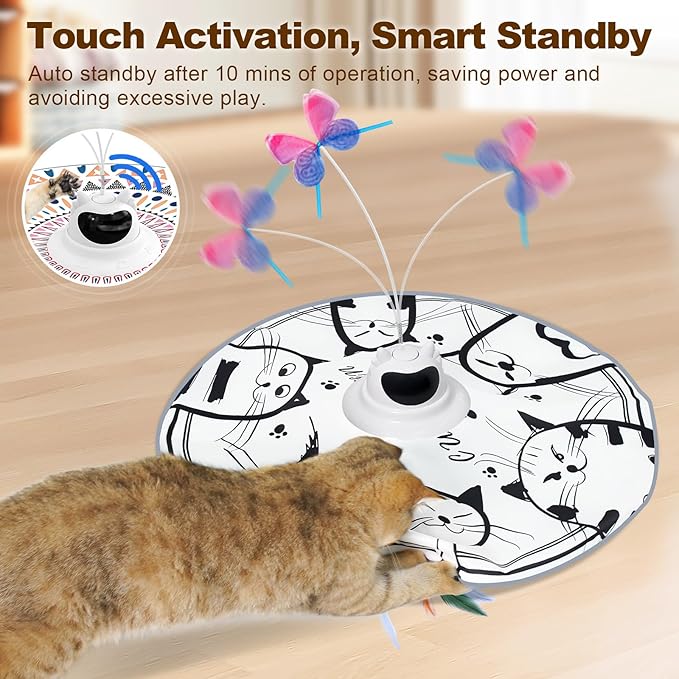 Cat Toys Interactive 2-in-1 Rechargeable Unpredicatable Moving Feather Cat Wand Hide and Seek, Spinning Butterfly, Kitten Toys for Indoor Cats Exercise