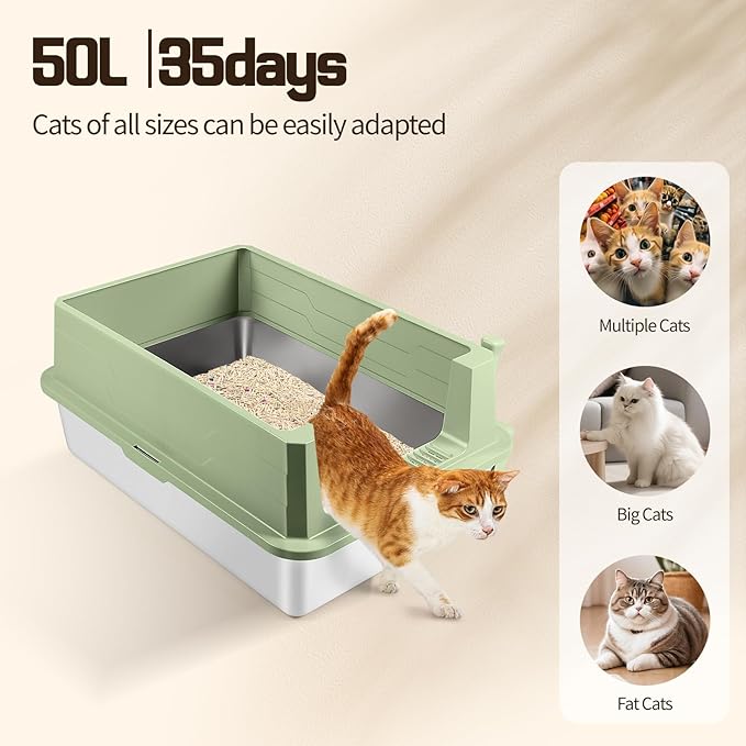 Stainless Steel Litter Box, XXXL 27.6" H x 19.7" W x 11.8" H Extra Large Metal High Sided Cat Litter Box with Scoop, Leak-Proof, Easy Clean for Big Cats/Multiple Cats (Green)
