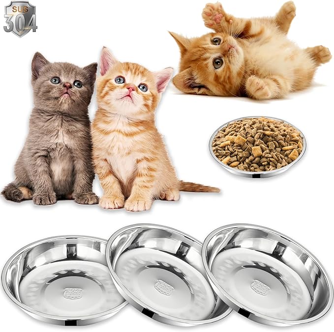 3Packs Cat-Bowls Cat Food Bowl - 6.2 Inch 304 Stainless Steel Cats Feed Bowl for Indoor Cats Shallow and Wide Wet Food Plate Pet Feeding Whisker Fatigue Relief Pet Plate for Kitten Puppy Small Dog
