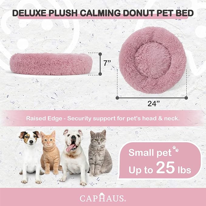 CAPHAUS 24/30 Inch Calming Donut Pet Bed for Small/Medium Cats and Dogs, Anti-Slip Bottom, Washable, Anti-Anxiety Fluffy Round Cat Bed, Indoor Shaggy Cuddler Cotton Candy Brown, Light Gray, Pink Bed
