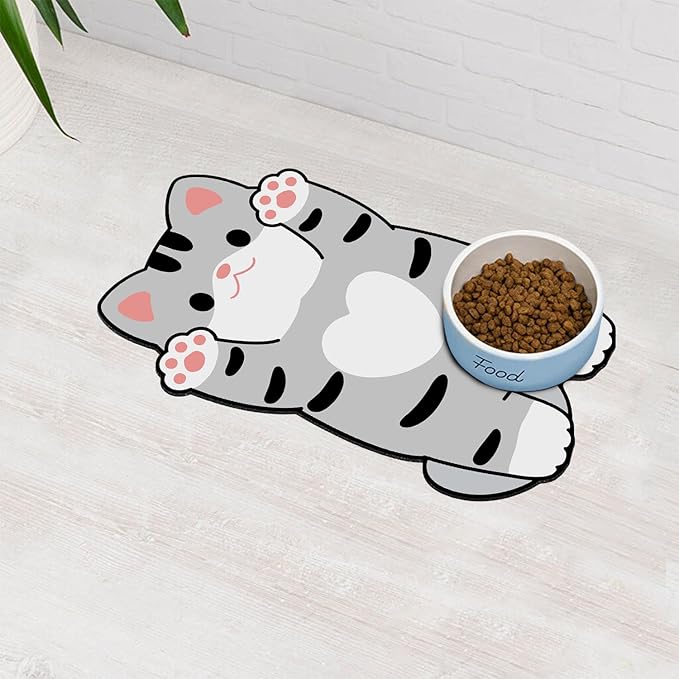 Cat Food Mat for Indoor Cats - No Stains Easy Clean Pet Supplies - Cat Bowls for Indoor Cats (Grey, 19"x12")
