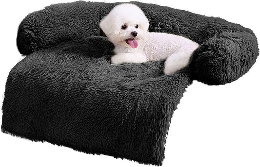 HACHIKITTY Calming Pet Sofa Bed Mat, Washable Plush Couch Cover for Dogs and Cats, Furniture Protector with Anti-Slip Bottom (30"x 27"x 6", Black)
