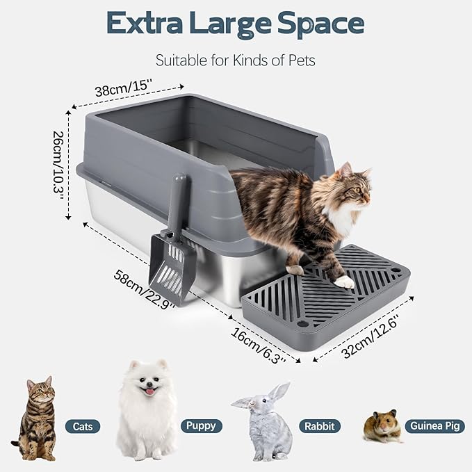 Stainless Steel Litter Box, XL 22.9”x15”x 10.3” High Sided Metal Cat Litter Tray with Scoop, Filter Pedal for Anti-Splash, Odor-Free, Non-Sticky, Easy to Clean (Dark Grey)