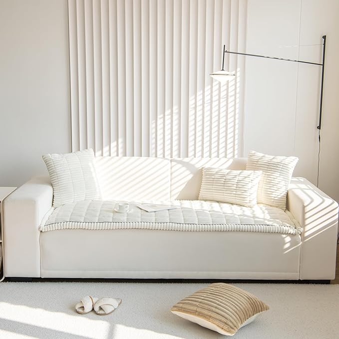 Faux Fur Plush Dog Couch Cover 3D Stripe Fuzzy Sofa Cover Non-Slip Fluffy Dog Bed Cover Pet Blanket Sofa Couch Furniture Protector for Puppy Large Dog Cat (Cream,31"x31")