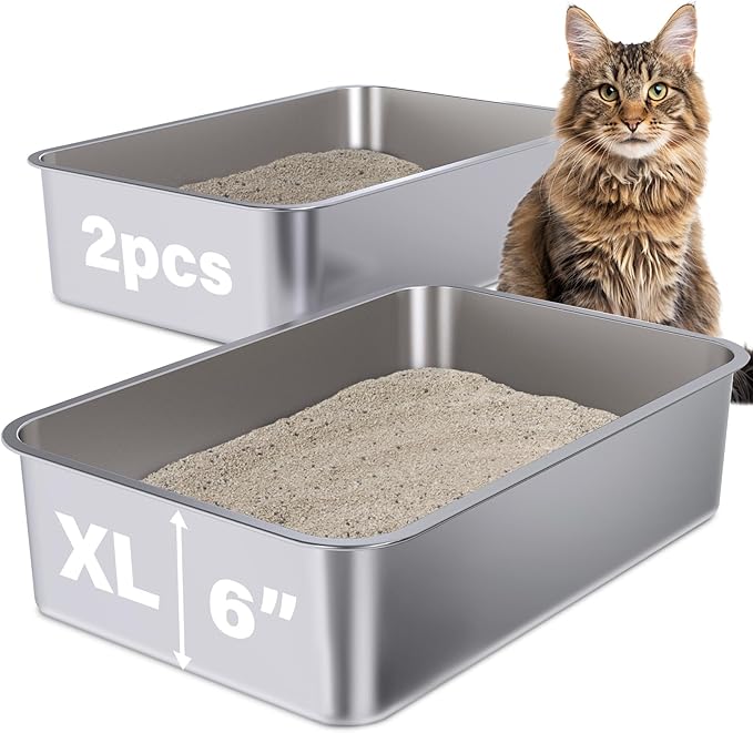 Stainless Steel Litter Box 2 Pack, 23.6" X 15.7" X 6" Steel Litter Box XL No Smell, Extra Large Metal Litterbox for Big Cat, Multiple Cats, Non Stick, Easy Cleaning