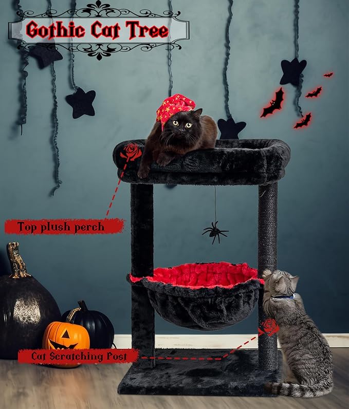 SYANDLVY Gothic Cat Tree with Coffin Bed for Indoor Cats, Activity Cat Tower with Scratching Post for Kittens, Cat Condo Furniture with Basket & Spider Hanging Ball for Play Rest