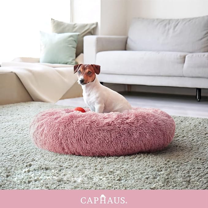 CAPHAUS 24/30 Inch Calming Donut Pet Bed for Small/Medium Cats and Dogs, Anti-Slip Bottom, Washable, Anti-Anxiety Fluffy Round Cat Bed, Indoor Shaggy Cuddler Cotton Candy Brown, Light Gray, Pink Bed