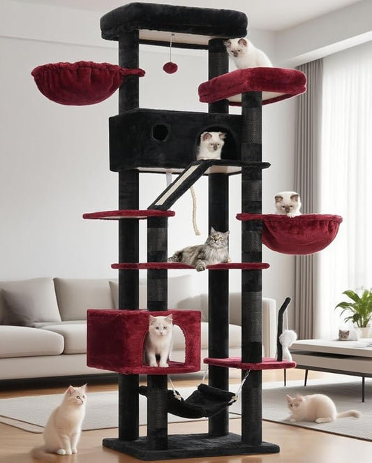 Gothic Cat Tree for Large Cats, 78.7"(200cm) Tall Cat Tower for Indoor Cats Multiple Cats with Large Top Perch, Cat Condo, Cat Hammcok, Cat Scratching Post, Black and Red GCT031BR