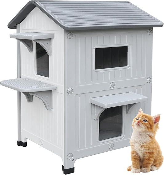 Plastic 2 Story Outdoor Cat House with Escape Door, Waterproof Cat House for Feral Cats for Outdoor Indoor Use, Sturdy Cat Houses for Outdoor Cats, Clean & Assemble Easily(White)