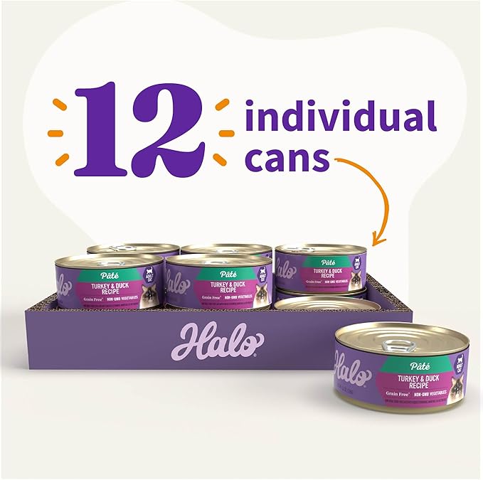 Halo Wet Cat Food Turkey & Duck Recipe, Grain Free Wet Cat Pate, Canned Cat Food for Extra Hydration, 5.5 Oz Can (Pack of 12)