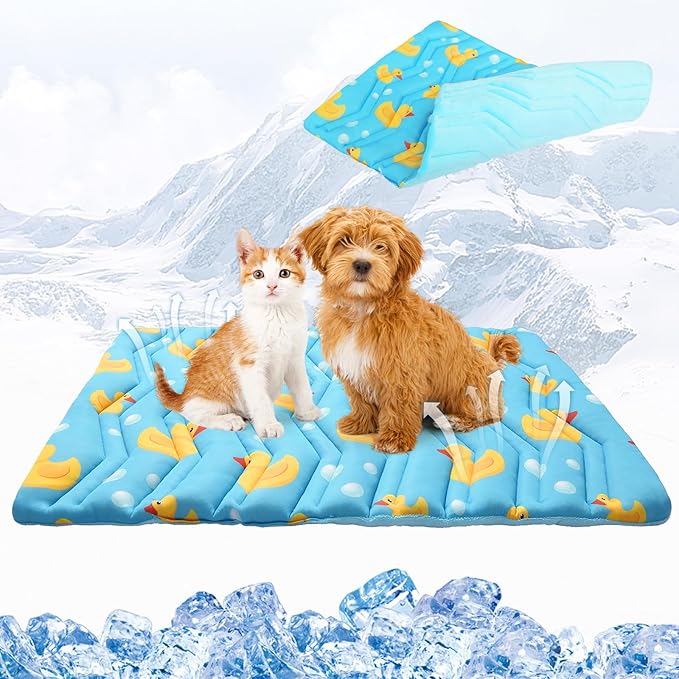 KOOLTAIL Dog Cooling Mat, Upgraded Two Sided Cooling Pad for Dogs Cats Puppy, Soft Pet Sleeping Blanket Keep Cool in Summer with Cute Duck Pattern, Washable Waterproof for Crate Sofa Bed, Blue L