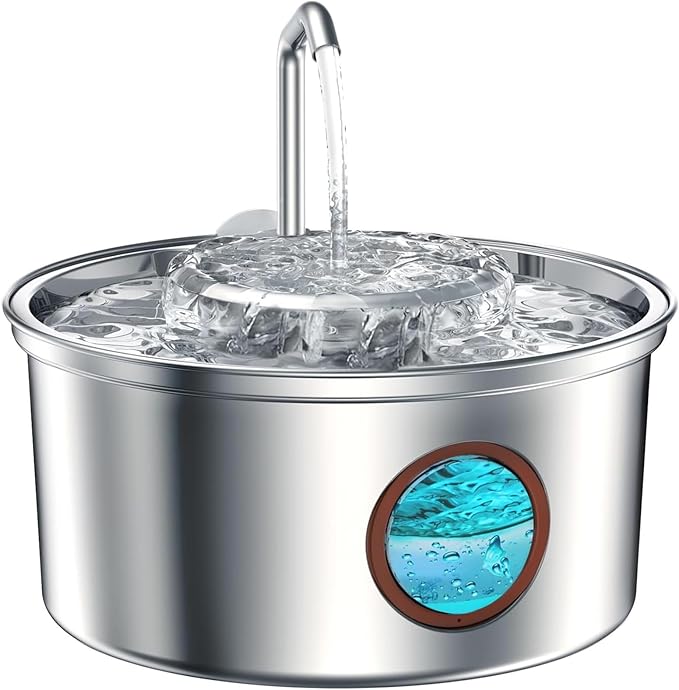Dog Water Fountain Stainless Steel - 3.2L/108oz Dog Fountain and Removeable Suction Dog Bowls, Kitty Fountain with Multi-Filter, Water Level Window, Pet Fountain for Cats and Dogs