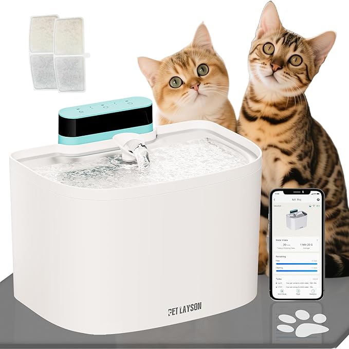 PET LAYSON Pumpless Cat Water Fountain, App Remote Control Smart Cordless Rechargeable Battery Operated, 3.6L/122oz 2.4G Wi-Fi Dog Water Dispenser 2 Filters,2 Nozzles(White, M1 Pro)