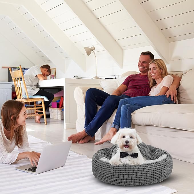 SIWA MARY Small Dog Bed with Attached Blanket, Cozy Donut Cuddler Anti-Anxiety Hooded Pet Beds Calming Cave Bed. Orthopedic Round Puppy Beds for Dogs or Cats Washable, Anti-Slip Bottom, 23inch