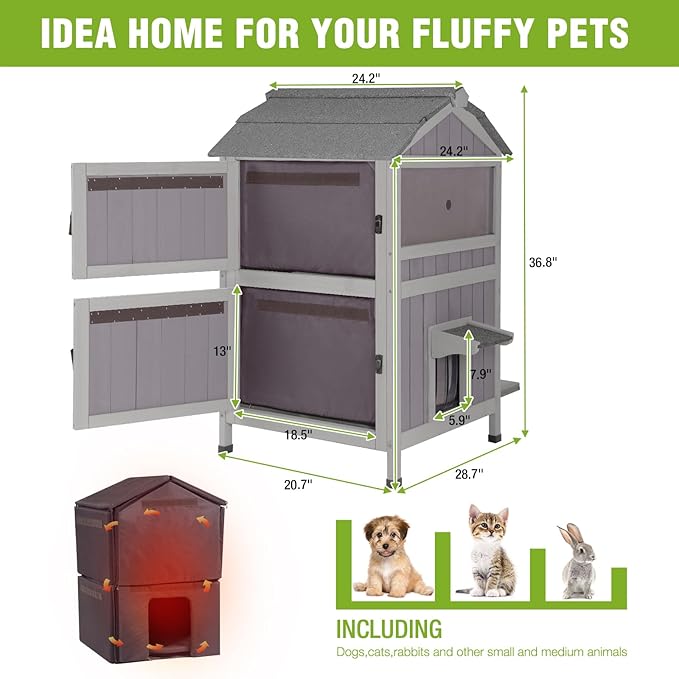 GUTINNEEN Insulated Cat House Outdoor Weatherproof Feral Cat Shelter for Winter, Two-Story Kitten House with Escape Door