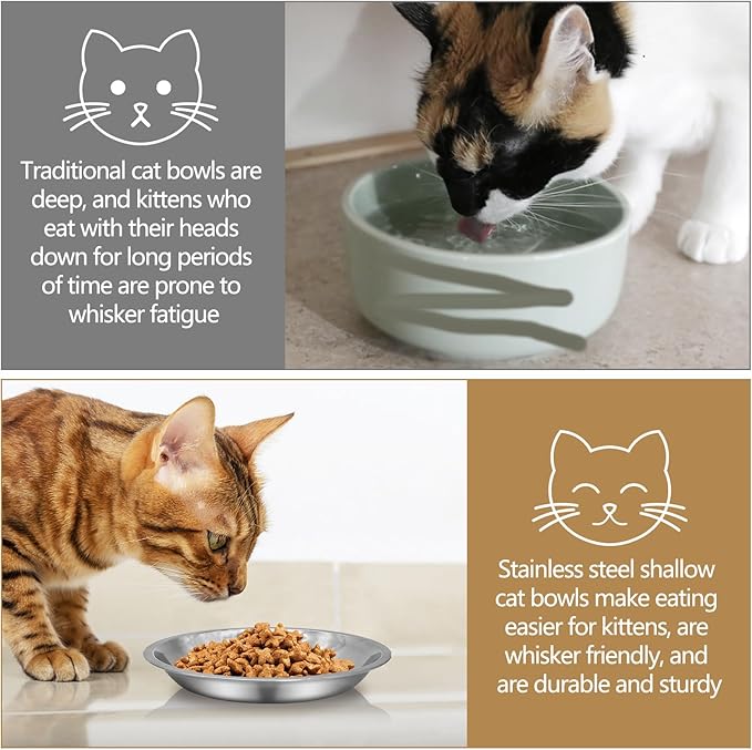 kathson Shallow Stainless Steel Cat Bowls 12 Pcs Whisker Fatigue Cat Dishes Flat Dog Feeding Saucers Pet Food and Water Plate Set for Kitten Puppy and Other Small Animals (7.00 Inch Dia)