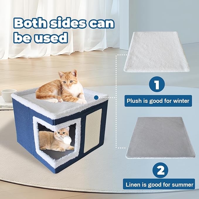 Cat Bed for Indoor Cats Cube House,Large Covered Cat Beds Cave & Furniture with Fluffy Ball and Scratch Pad Foldable Hideaway Nest & Condo with Washable Mat for Kitten Kitty Small Pet(Navy Blue)