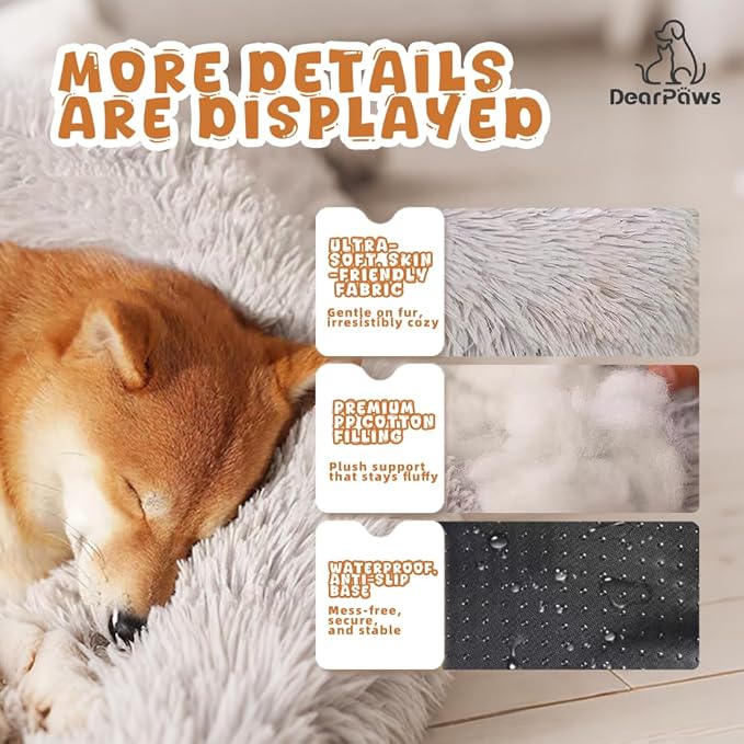Comfy Dog Bed Large Size Dog - Donut Washable Large Pet Bed, 39 inches Anti-Slip Round Fluffy Plush Faux Fur Cat Bed, Fits up to 120 lbs Pets (Brown)