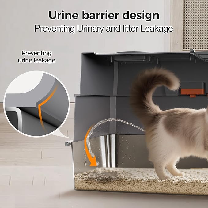 XXXL Stainless Steel Litter Box with Lid,28" L x 20.5" W x 16.5" H Extra Large Cat Litter Box Enclosure for Large and Multi-Cats Families,Non-Sticky, Anti-Leakage, Easy to Clean(Gray)