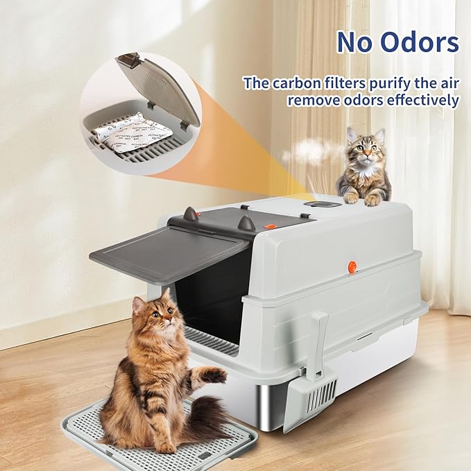 XXXL Stainless Steel Litter Box with Lid, Extra Large 28" L x 20" W x 17" H Enclosed Metal Cat Litter Box with Litter Scoop & Foot Pedal, Odor Control, Easy Cleaning for Big Cats (Light Grey)