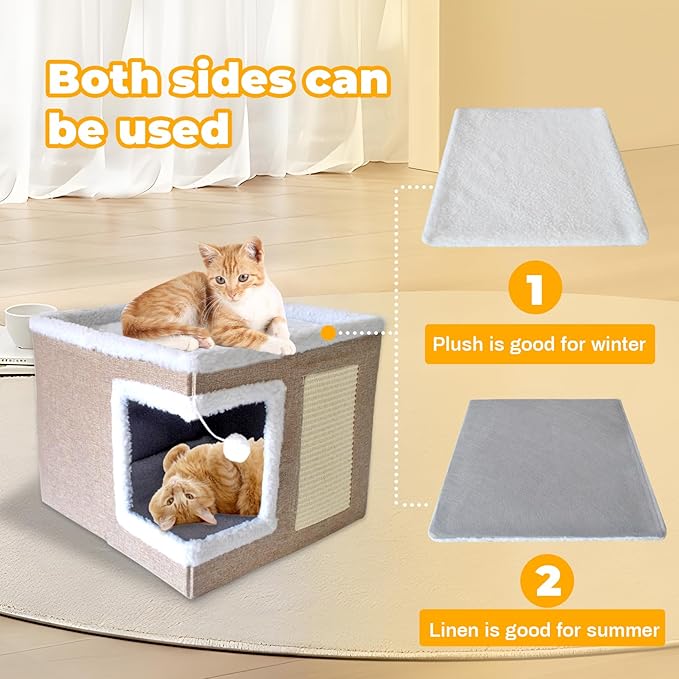 Cat Bed for Indoor Cats Cube House,Large Covered Cat Beds Cave & Furniture with Fluffy Ball and Scratch Pad Foldable Hideaway Nest & Condo with Washable Mat for Kitten Kitty Small Pet(Beige)