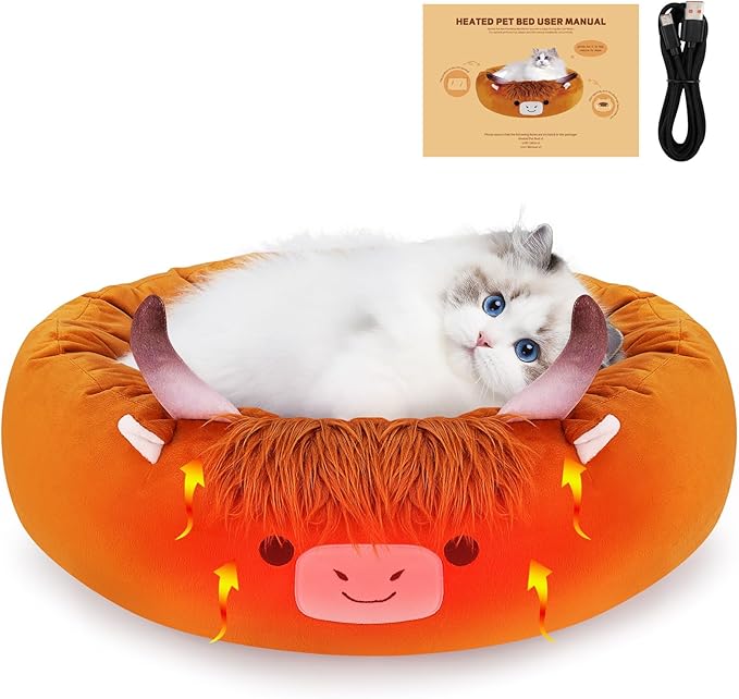 Highland Cow Heated Cat Bed - Cute Round Dog Bed, Warming Pet Bed for Indoor Cats & Small Dogs, Washable Calming Nest with Heating Pad & Timer, Cow Pet Heating Pad for Cats and Dogs