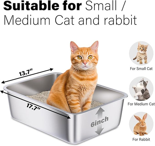 Stainless Steel Litter Box 2 Pack, 18"x14"x6" Medium Cat Litter Box Easy to Clean, Never Absorb Odor, Non Stick Metal Litterbox for Small to Medium Cats, Rabbits