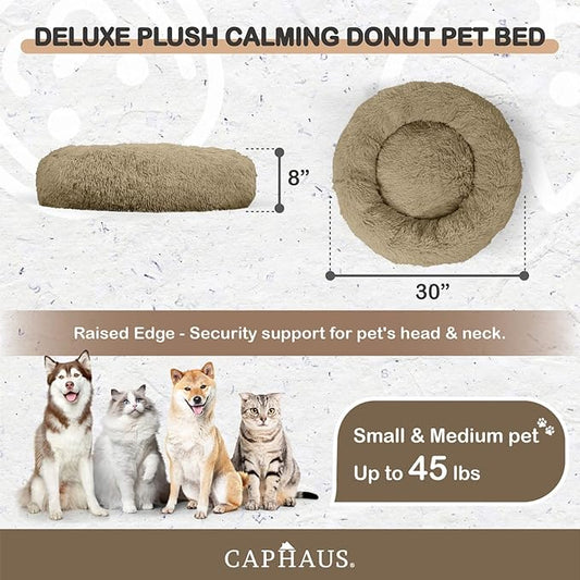 CAPHAUS 24/30 Inch Calming Donut Pet Bed for Small/Medium Cats and Dogs, Anti-Slip Bottom, Washable, Anti-Anxiety Fluffy Round Cat Bed, Indoor Shaggy Cuddler Cotton Candy Brown, Light Gray, Pink Bed