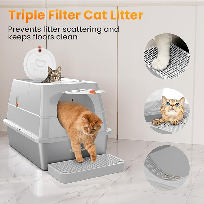 Stainless Steel Litter Box with Lid, 135° Flip-Top Extra Large Cat Litter Pan, Enclosed Metal Litter Box with Litter Scoop & Filter Pedal,Odor Free, Front & Top Dual Entry