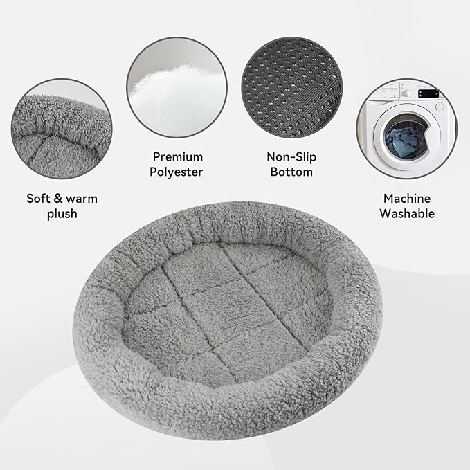 Enjoying Plush Cat Bed Mat Diameter 19.5" Round Pad with Pillow Around for Cats Dogs Relying/Curling Sleep Warm Dog Cushion for Crates, Antiskid Bottom, Large, Gray