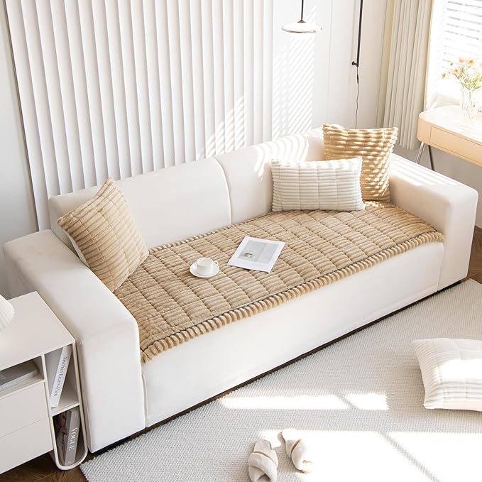 Faux Fur Plush Dog Couch Cover 3D Stripe Fuzzy Sofa Cover Non-Slip Fluffy Dog Bed Cover Pet Blanket Sofa Couch Furniture Protector for Puppy Large Dog Cat (Coffee,31"x70")