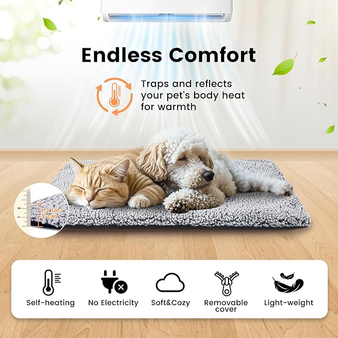 Dog Bed Mat Self Heating Pad for Medium Small Dogs, Dog House Bed Crate Pad for Sleeping Self Warming Pet Bed Puppy Blanket with Removable Washable Cover, Grey 36 Inches