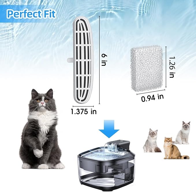16 Pack Cat Water Fountain Filters-Cat Fountain Replacement Filters for Stainless Steel 108/3.2L Adjustable Water Flow Pet Water Fountain(8 Filters&8 Sponges)