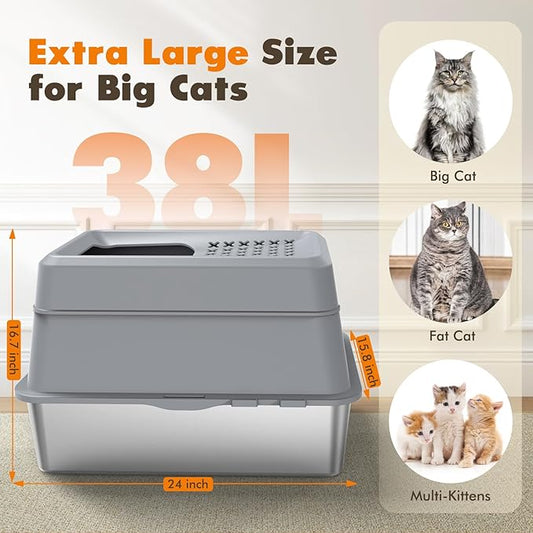 Rywell Stainless Steel Litter Box, Covered XL Extra Large Cat Litter Box Enclosure, Metal Kitty Litter Boxes with Lid, Litter Scoop, Filter Pedal and Litter Mat, Anti-Leakage, Non-Stick, Easy to Clean