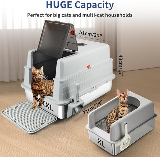XXXL Stainless Steel Litter Box with Lid, Extra Large 28" L x 20" W x 17" H Enclosed Metal Cat Litter Box with Litter Scoop & Foot Pedal, Odor Control, Easy Cleaning for Big Cats (Light Grey)