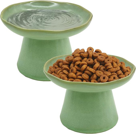 VCEPJH Elevated Shallow Cat Bowls 6.1in Ceramic Cat Food Plate Pack of 2 Raised Cats Dish Flat Anti Whisker Fatigue Wide Pet Food & Water Feeder for Indoor Kitty Kitten (Green)
