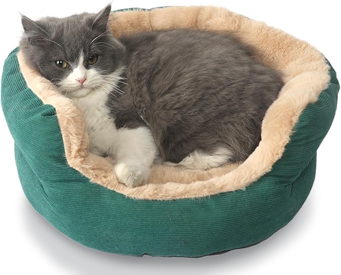 Cat Beds for Indoor Cats Calming Bed Washable,Small Size Dog Sofa Extra Comfy Cuddler Round Kitten Pet Bed Anti Slip Bottom for Anxiety,Warm Puppy Plush Snuggler Kennel Up to 10 Lbs,16 inch,Green