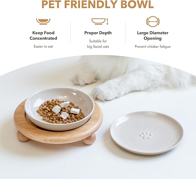 Raised Ceramic Wide Whisker Friendly Cat Dishes, Food&Water Bowl with 2 Style Stand Adjustable Pet Bowl Set(1Dish+1Shallow Dish+Stand