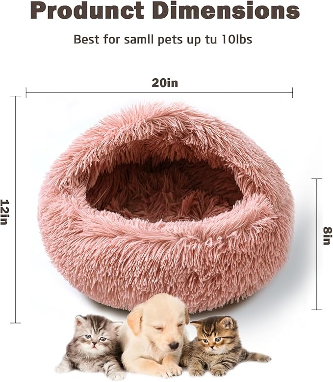Cat Bed for Indoor Cats, Calming Cozy Cave with Self-Warming Plush, Entire Bed Machine Washable & Anti-Slip Base, Breathable Pet Bed for Small Cats&Dogs All Seasons (Leather Pink, 20 * 20inch)