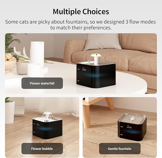 Crystal Cat Water Fountain Stainless Steel with 4 Filters and 4 Sponges, 101oz/3L Pet Fountain with LED Light for Cats and Dogs (Black)