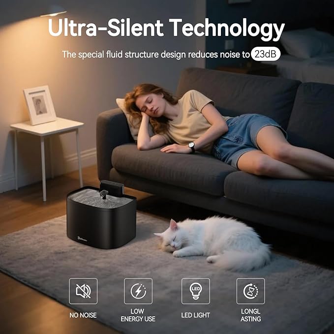 Cat Water Fountain, 122oz/3.6L Pumpless Cat Fountain, Cordless Water Fountains for Cats Indoor, Dog Pet Water Fountain Battery Operated with Stainless Steel Tray (Black, Fountain+2 Fliters)