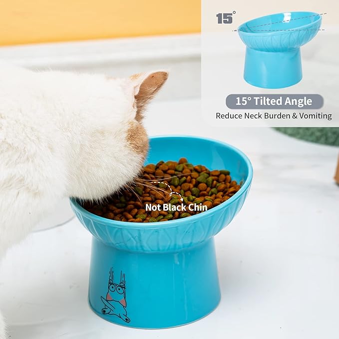 OMAYKEY 6.5 Inch Extra Wide Ceramic Raised Cat Bowls, Porcelain Tilted Elevated Cat Food Water Bowl Dish, Stress Free Pet Feeder Bowls Dishes for Elder Big Cats & Small Dogs, White & Blue