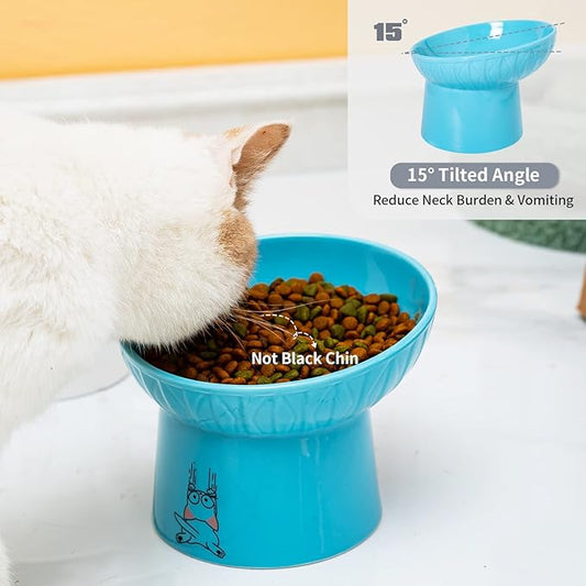 OMAYKEY 6.5 Inch Extra Wide Ceramic Raised Cat Bowls, Porcelain Tilted Elevated Cat Food Water Bowl Dish, Stress Free Pet Feeder Bowls Dishes for Elder Big Cats & Small Dogs, White & Blue