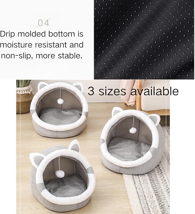 Cat Bed Cave with Removable Cushion, Indoor Pets Plush House Bed with Pompom for Small Dogs Cats Kitten Puppy Rabbits (Grey,M)