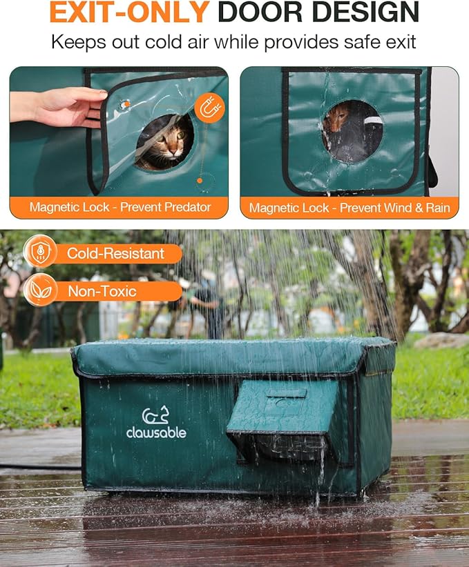 Indestructible Heated Cat House for Outside Cats Winter, 100% Weatherproof, Safe Escape Door, Insulated Outdoor Cat Shelter with Heater for Feral Barn Cat Kitty (Forest Green, 26"x16"x14")